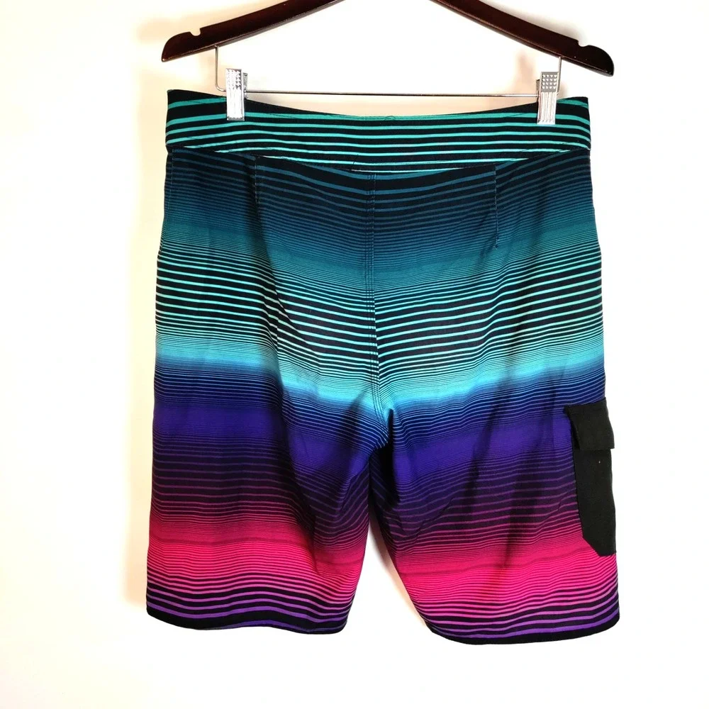 Hang Ten Board Ombre‎ Striped Tropical Lined Aloha Swim Surfboard Shorts Men 32